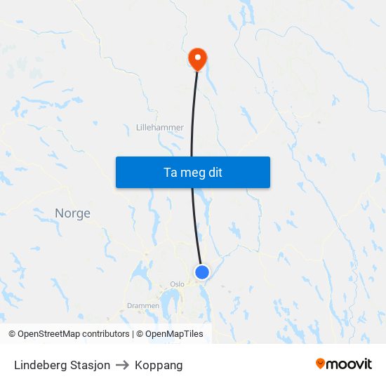 Lindeberg Stasjon to Koppang map