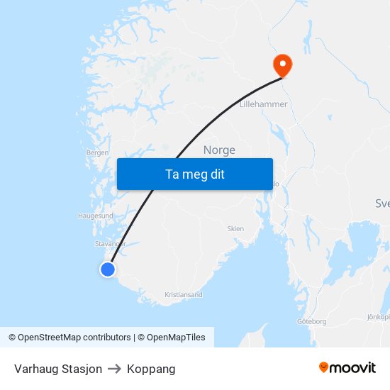 Varhaug Stasjon to Koppang map