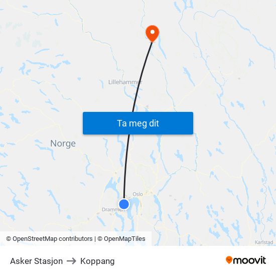 Asker Stasjon to Koppang map