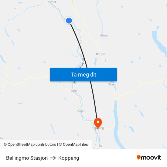 Bellingmo Stasjon to Koppang map