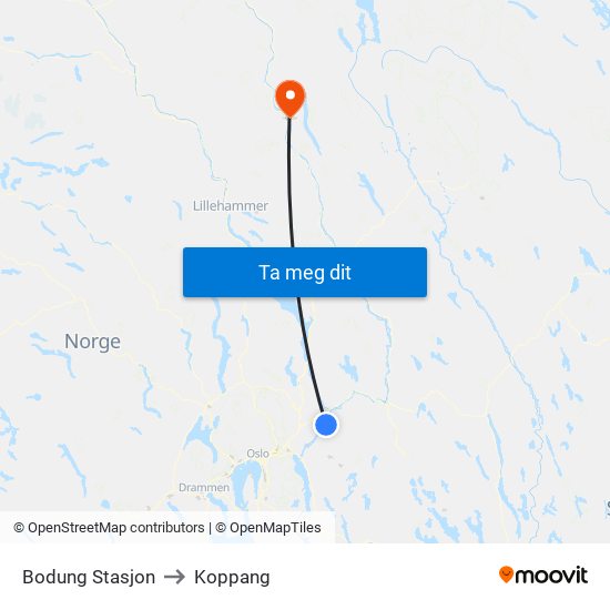 Bodung Stasjon to Koppang map
