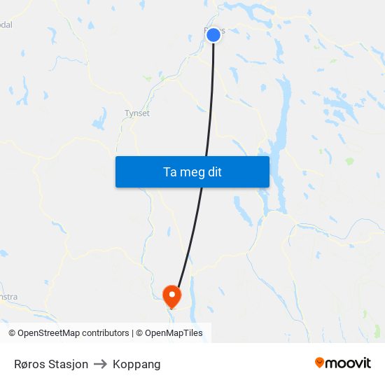 Røros Stasjon to Koppang map