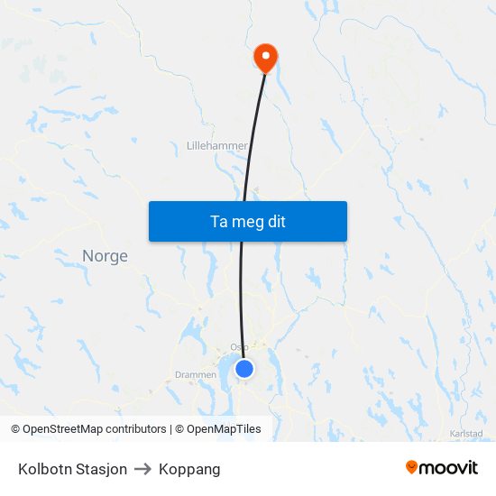 Kolbotn Stasjon to Koppang map