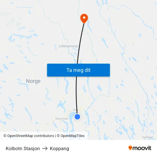 Kolbotn Stasjon to Koppang map