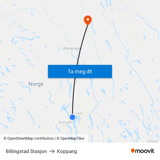 Billingstad Stasjon to Koppang map