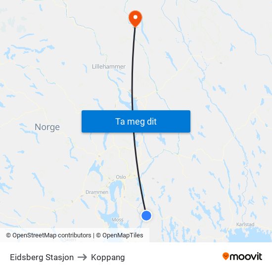 Eidsberg Stasjon to Koppang map