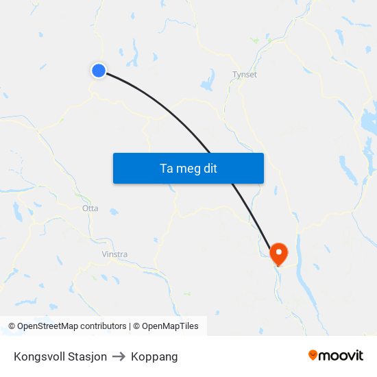 Kongsvoll Stasjon to Koppang map