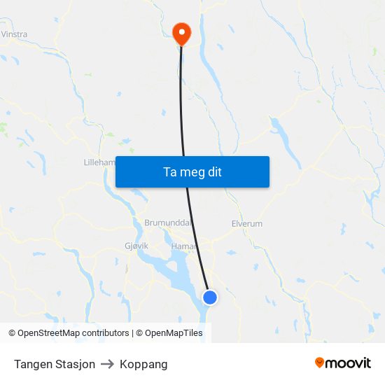 Tangen Stasjon to Koppang map