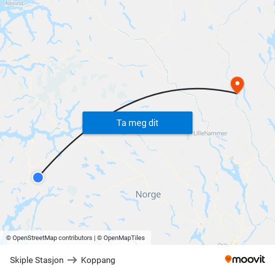 Skiple Stasjon to Koppang map