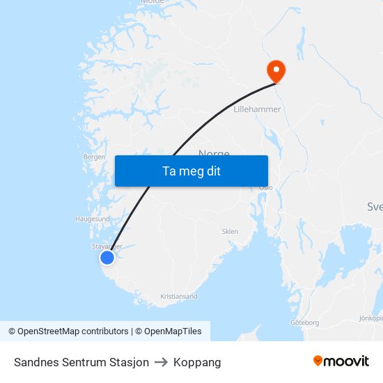 Sandnes Sentrum Stasjon to Koppang map