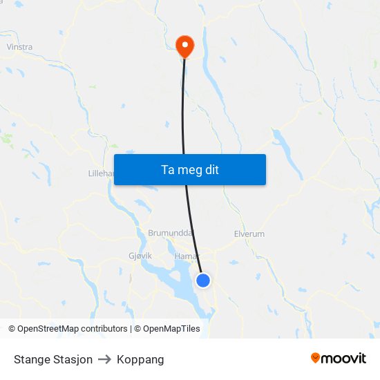 Stange Stasjon to Koppang map