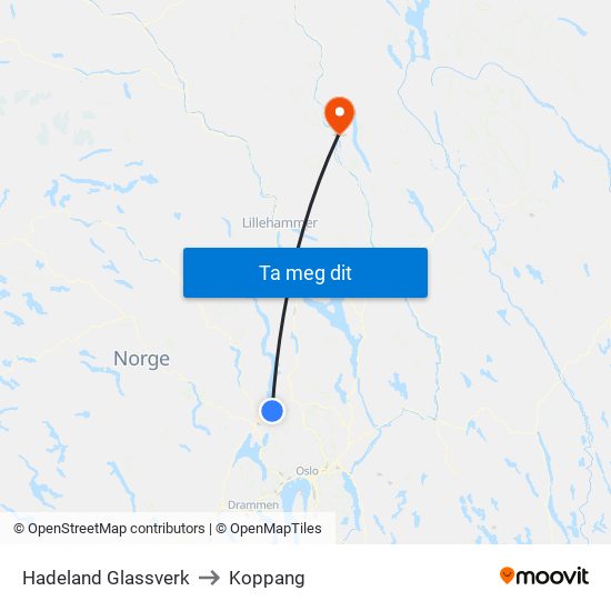 Hadeland Glassverk to Koppang map
