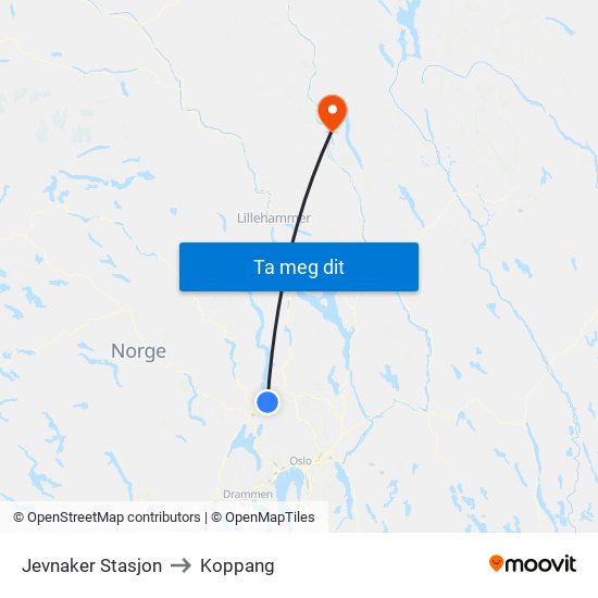 Jevnaker Stasjon to Koppang map