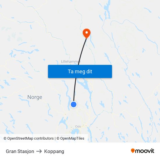 Gran Stasjon to Koppang map