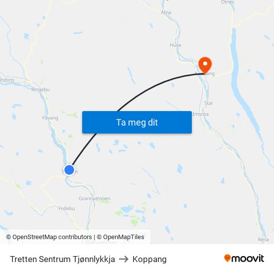 Tretten Sentrum Tjønnlykkja to Koppang map