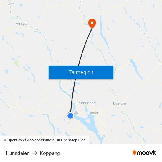 Hunndalen to Koppang map