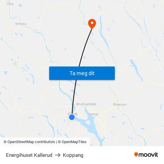 Energihuset Kallerud to Koppang map