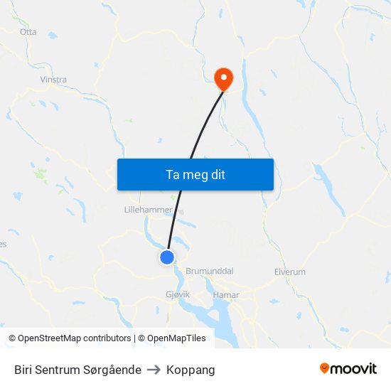 Biri Sentrum Sørgående to Koppang map