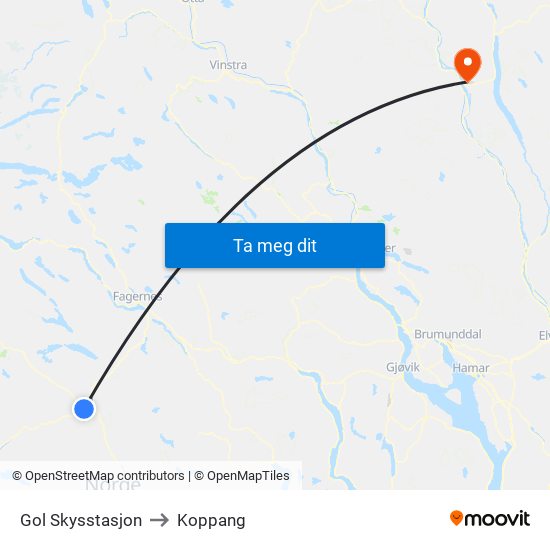 Gol Skysstasjon to Koppang map