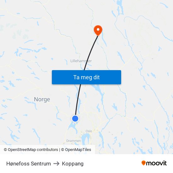 Hønefoss Sentrum to Koppang map