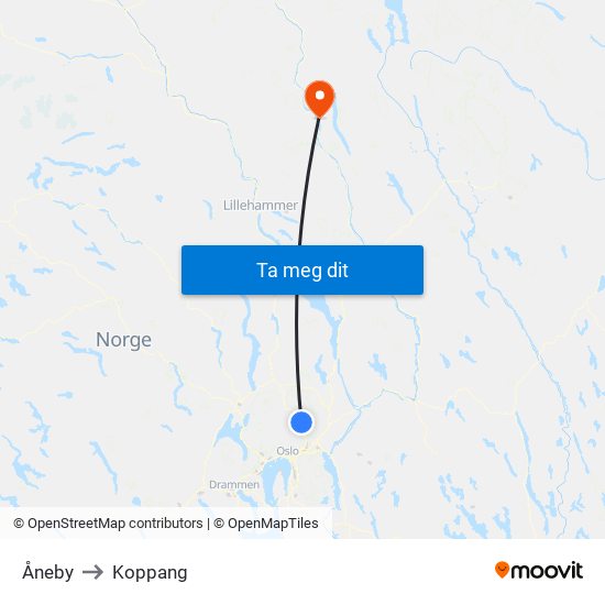 Åneby to Koppang map