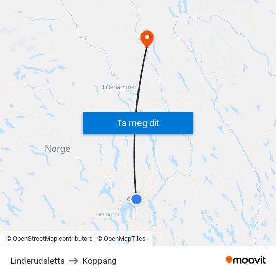 Linderudsletta to Koppang map