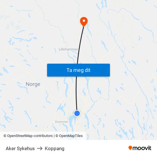 Aker Sykehus to Koppang map