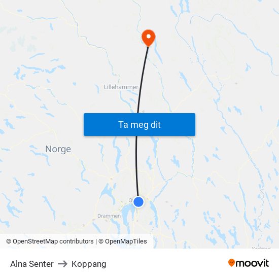 Alna Senter to Koppang map