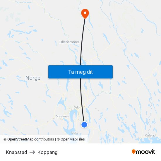 Knapstad to Koppang map