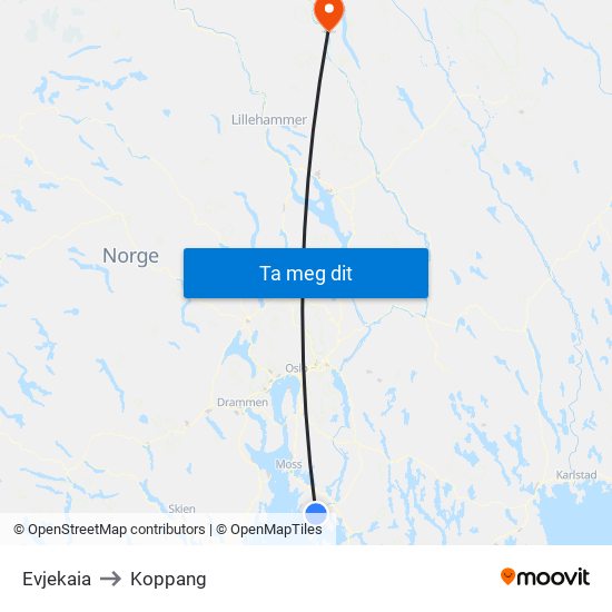 Evjekaia to Koppang map