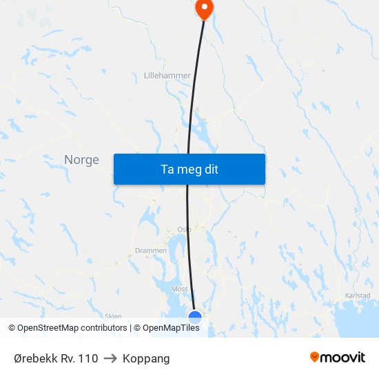 Ørebekk Rv. 110 to Koppang map