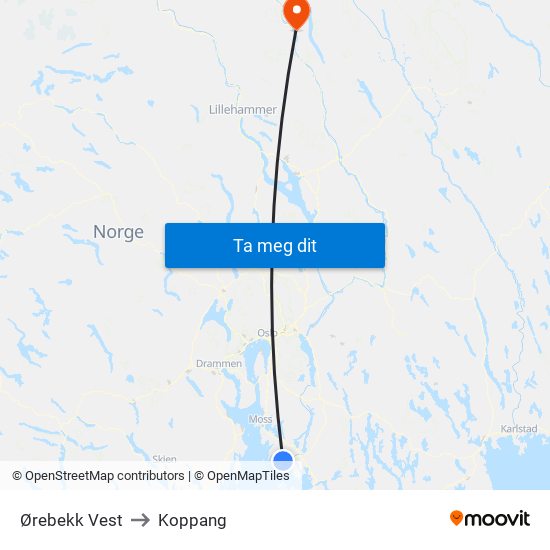 Ørebekk Vest to Koppang map
