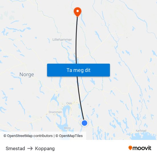 Smestad to Koppang map