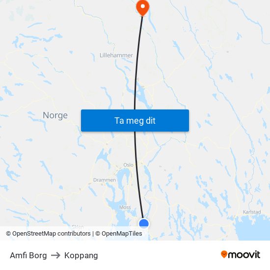 Amfi Borg to Koppang map