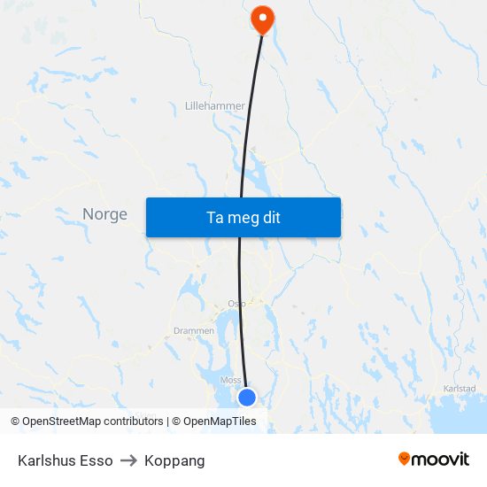 Karlshus Esso to Koppang map