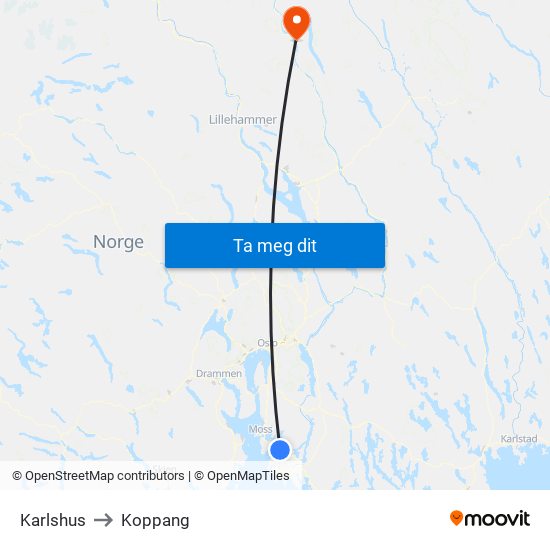 Karlshus to Koppang map