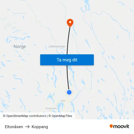 Eltonåsen to Koppang map