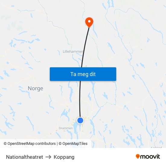 Nationaltheatret to Koppang map