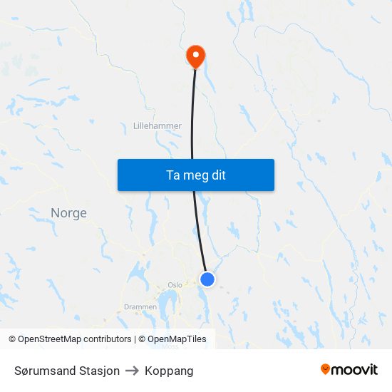 Sørumsand Stasjon to Koppang map