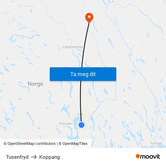 Tusenfryd to Koppang map