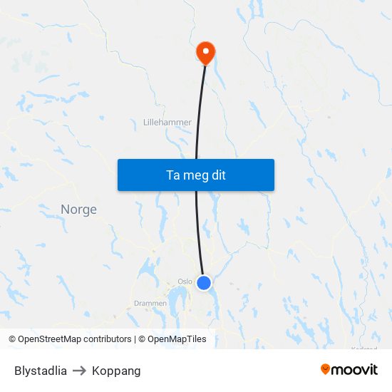Blystadlia to Koppang map