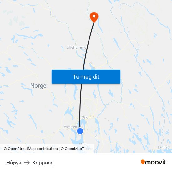 Håøya to Koppang map