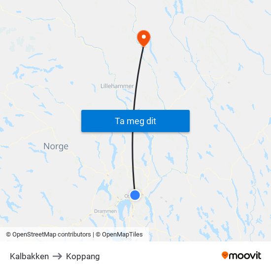 Kalbakken to Koppang map