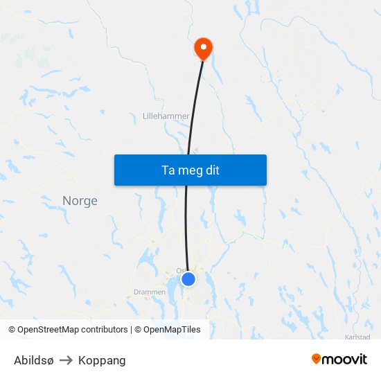 Abildsø to Koppang map