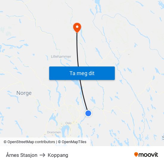 Årnes Stasjon to Koppang map