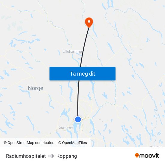 Radiumhospitalet to Koppang map