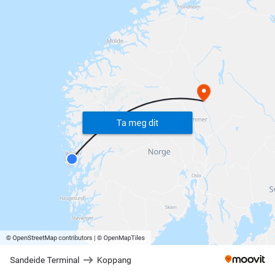 Sandeide Terminal to Koppang map