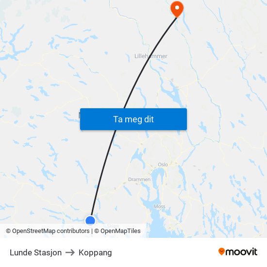 Lunde Stasjon to Koppang map
