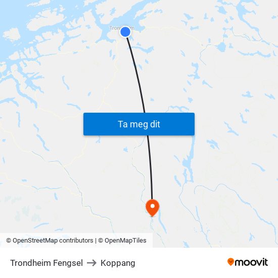 Trondheim Fengsel to Koppang map