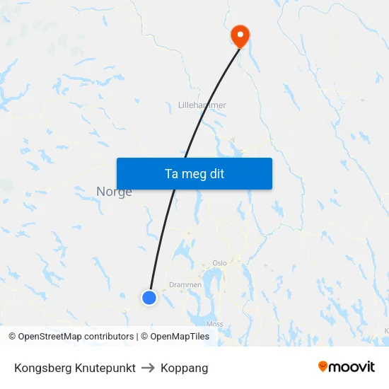 Kongsberg Knutepunkt to Koppang map
